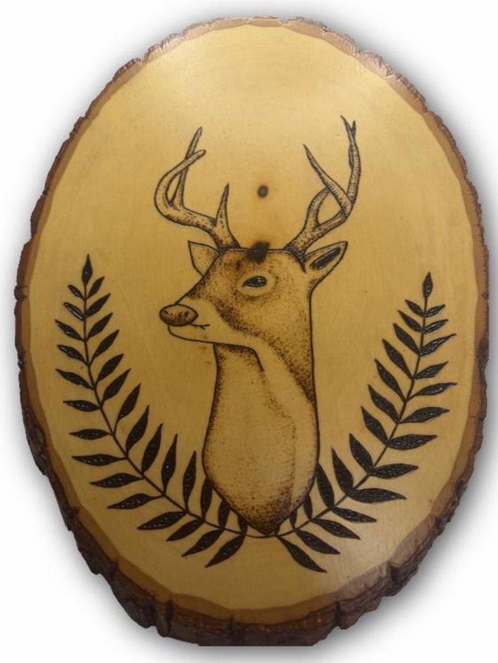 Woodland Deer Wall Plaque - Natural Wood & Black Illustration